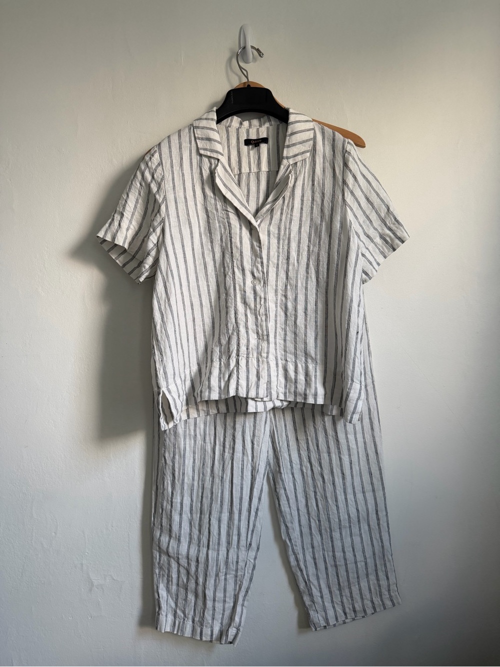 SMALL Quince linen set short sleeve button elastic waist pants oatmeal stripes